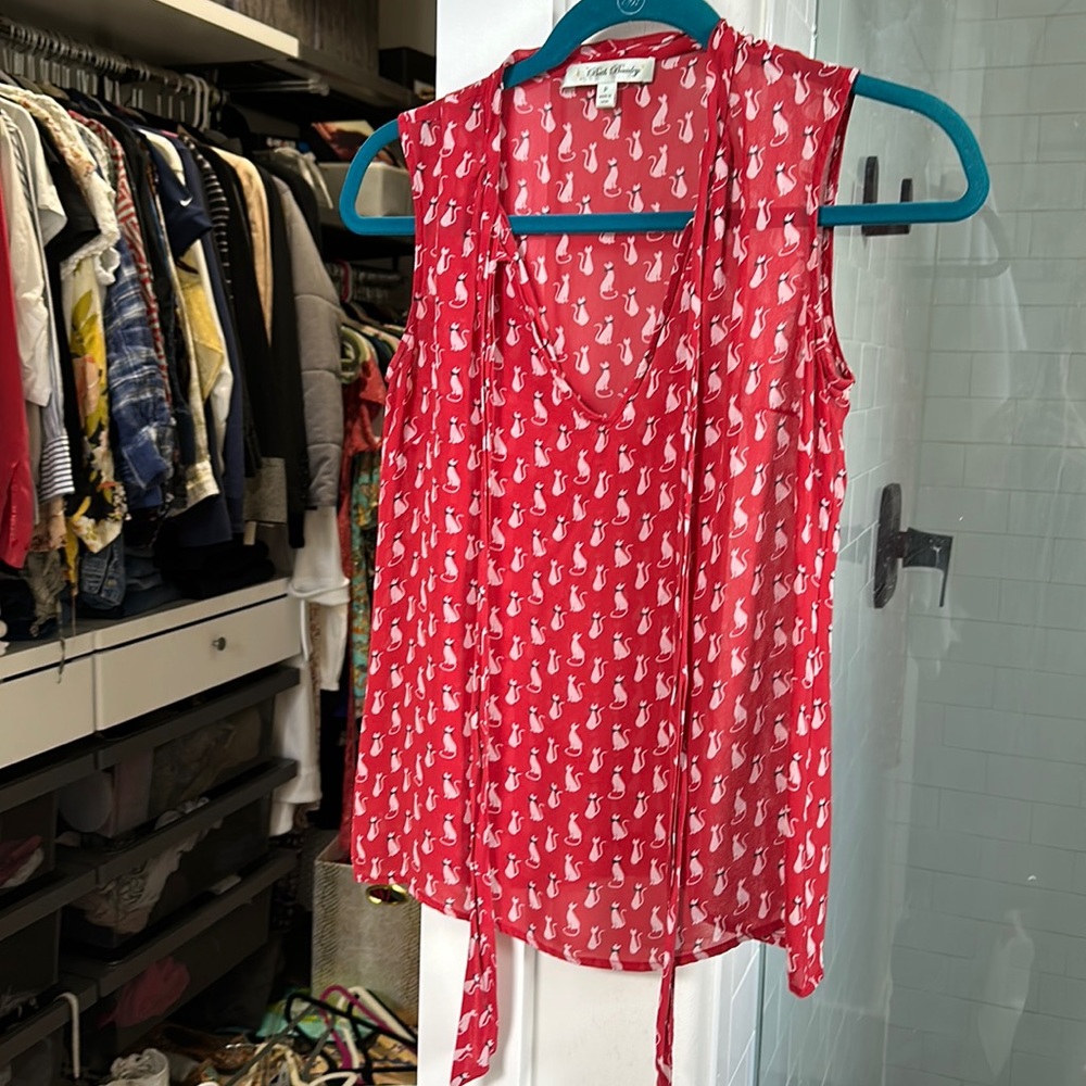 Beth Bowley silk tie neck cat print blouse